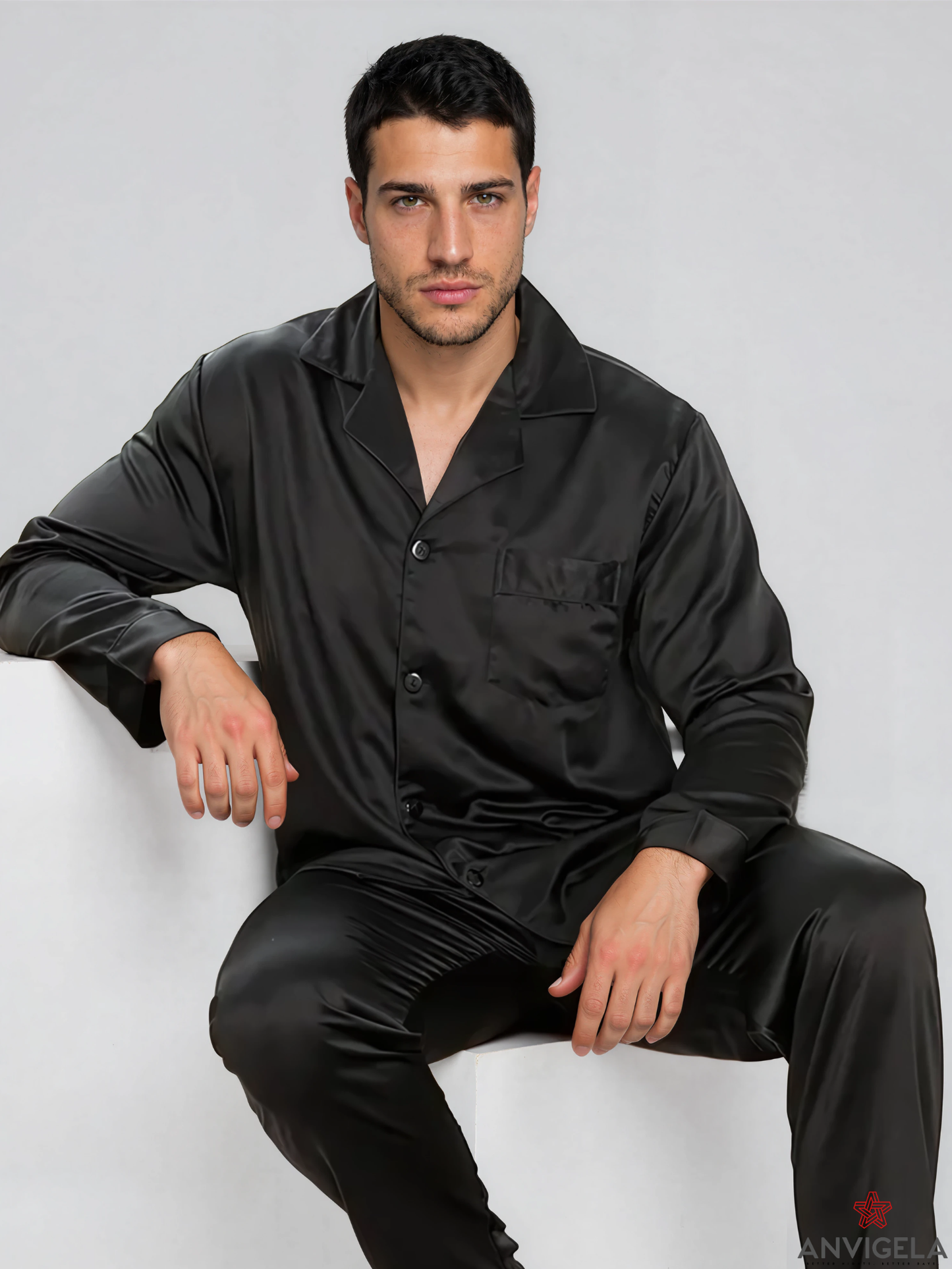 Men’s Black Satin Sleepwear Set
