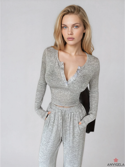 Women V-Neck Long Sleeve Pajama Set