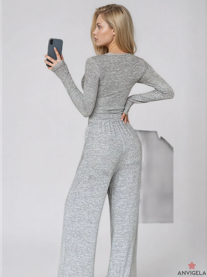 Women V-Neck Long Sleeve Pajama Set