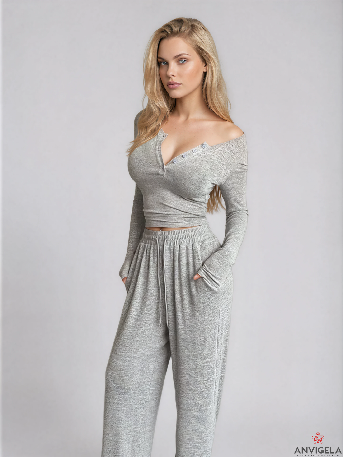 Women V-Neck Long Sleeve Pajama Set