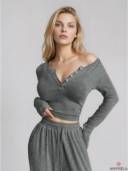 Women V-Neck Long Sleeve Pajama Set