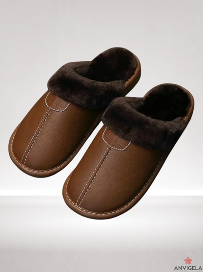 Men's Warm Indoor Slippers – Waterproof Leather Home Shoes