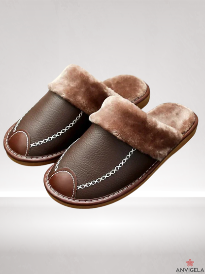 Men's Warm Indoor Slippers – Waterproof Leather Home Shoes