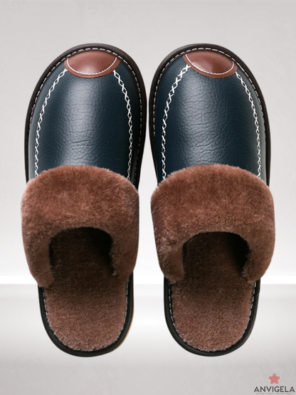 Men's Warm Indoor Slippers – Waterproof Leather Home Shoes