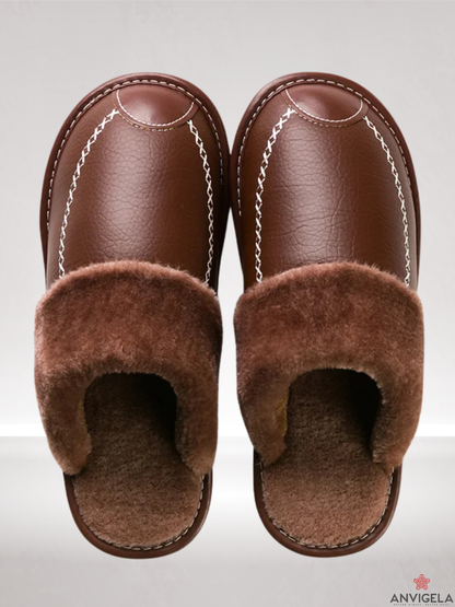 Men's Warm Indoor Slippers – Waterproof Leather Home Shoes
