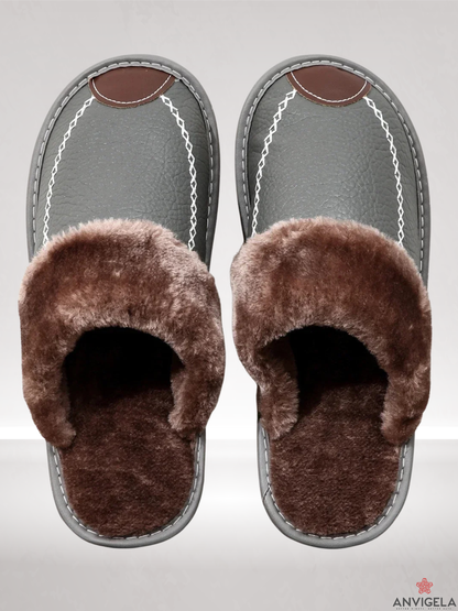 Men's Warm Indoor Slippers – Waterproof Leather Home Shoes