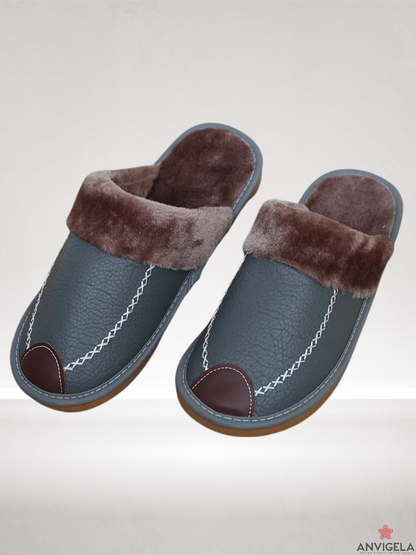 Men's Warm Indoor Slippers – Waterproof Leather Home Shoes