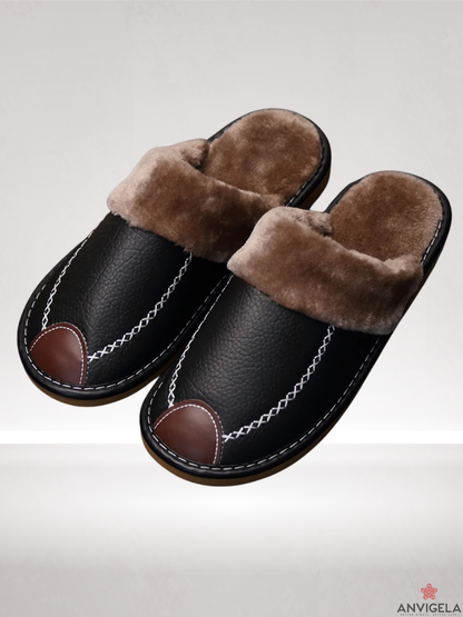 Men's Warm Indoor Slippers – Waterproof Leather Home Shoes