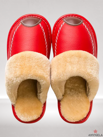 Men's Warm Indoor Slippers – Waterproof Leather Home Shoes