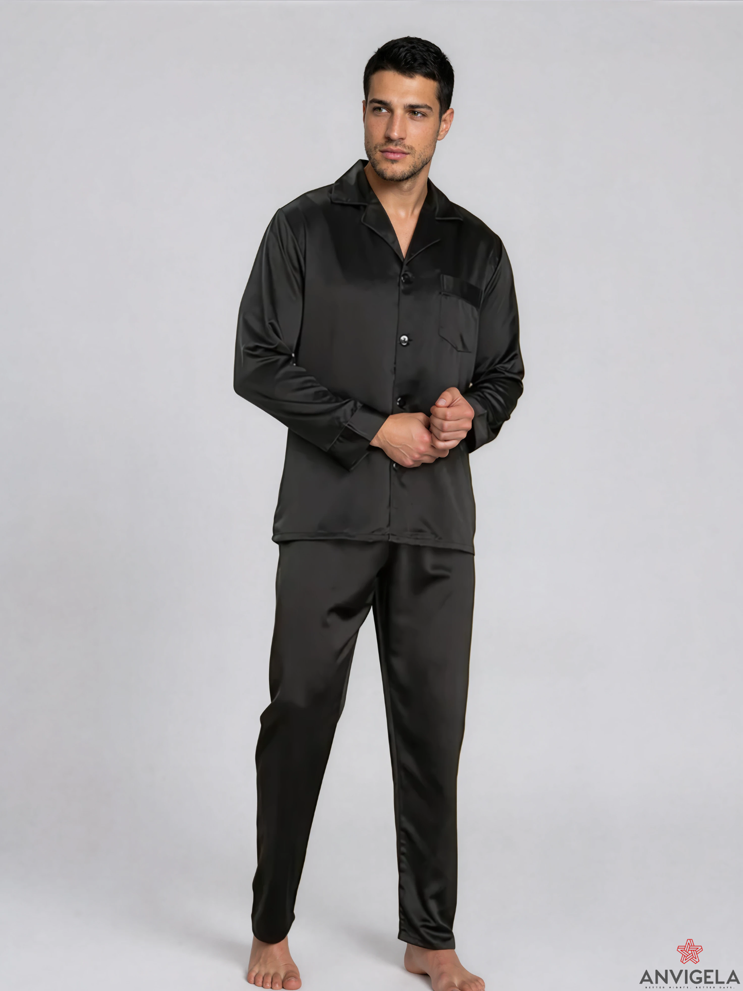 Men’s Black Satin Sleepwear Set