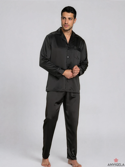 Men’s Black Satin Sleepwear Set