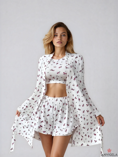 Women’s Knit Lounge Set – Cardigan, Top & Shorts